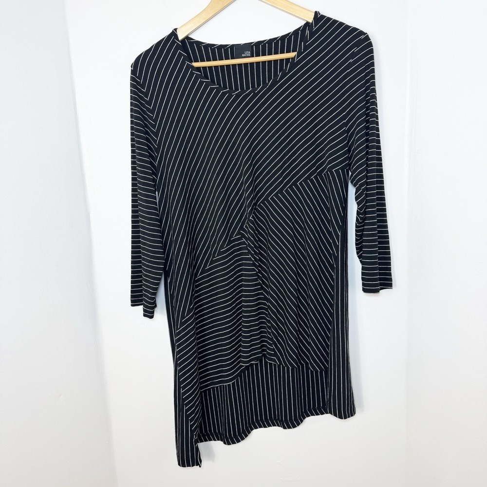 Lisa Bayne Striped Tunic Top Asymmetric Hem Lagenlook Size Large 3/4 Sleeves